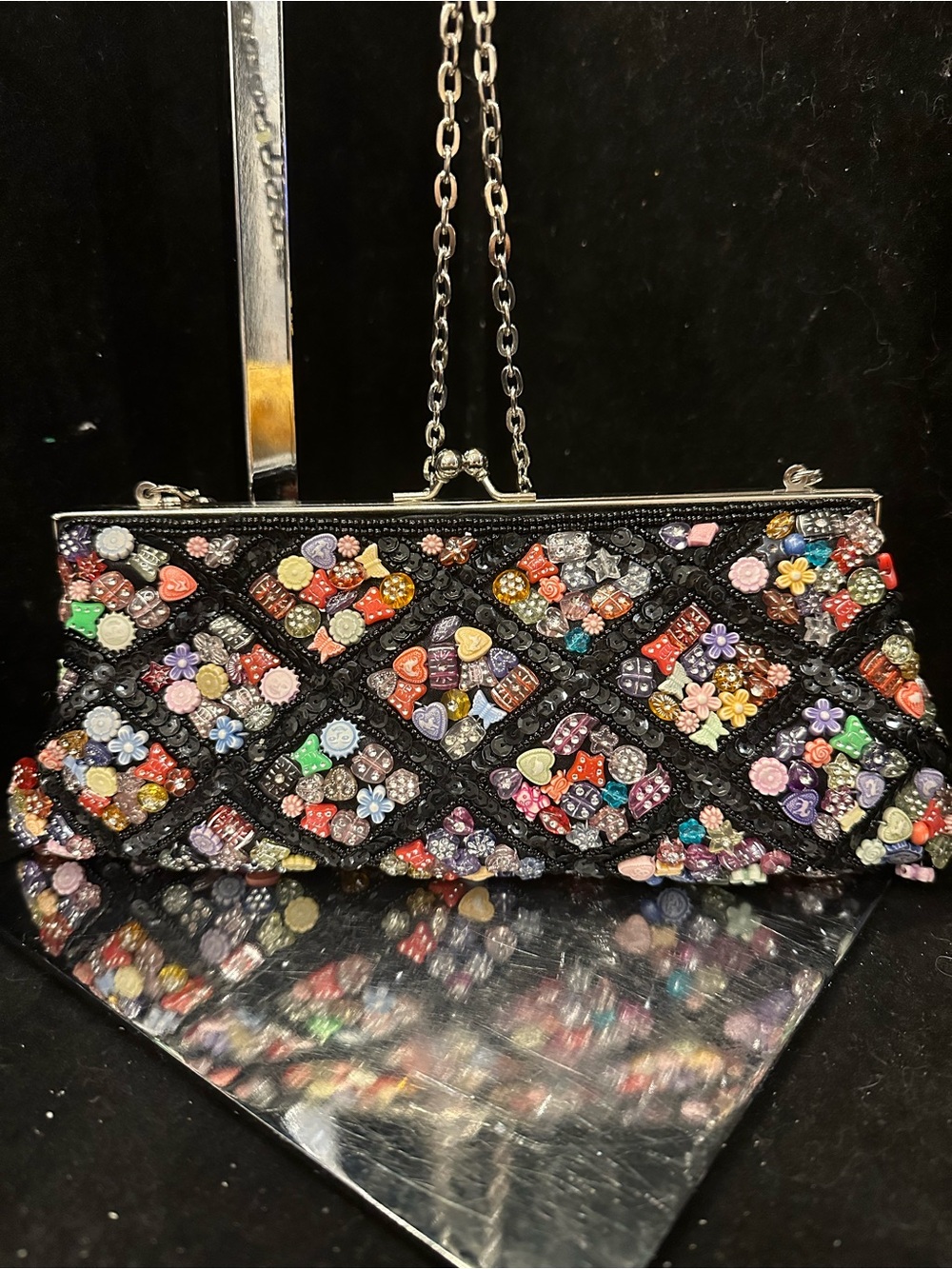 La Viola # 010 Multicolor Embellished / beaded Evening Clutch - Black